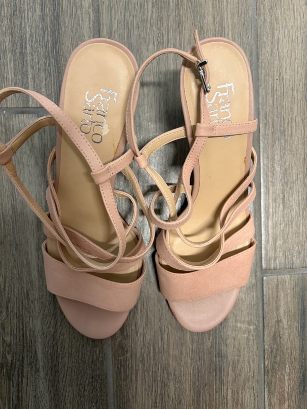 Franco Sarto Women's Strappy Sandal in Blush Pink. Heel height 3.0